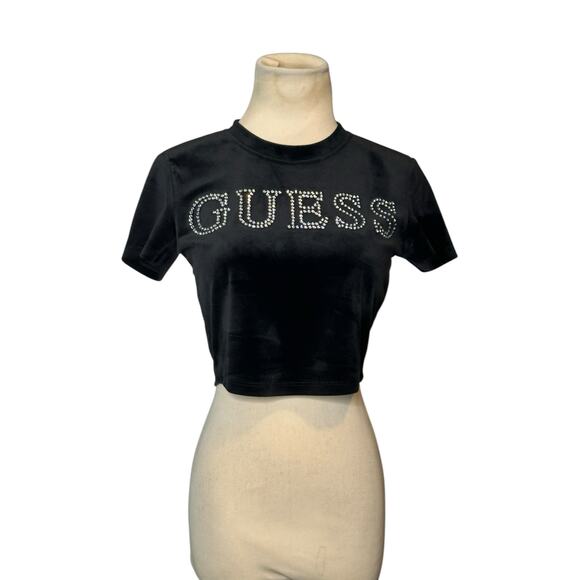 Guess black velvet rhinestones front logo short sleeves t-shirt size XS - Picture 15 of 16